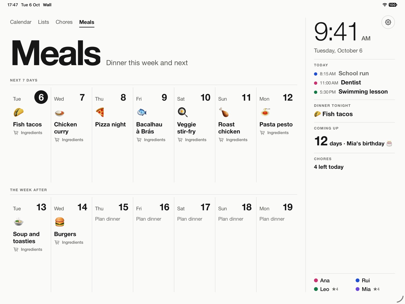Meals: dinners for this week and next, one per day